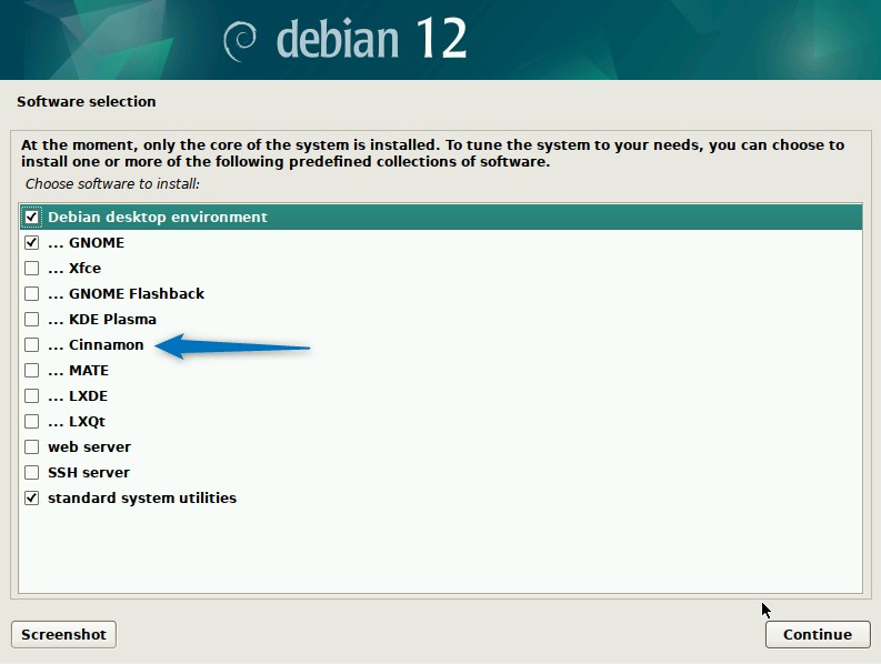 Installing Cinnamon on Debian 12 while installing it for first time