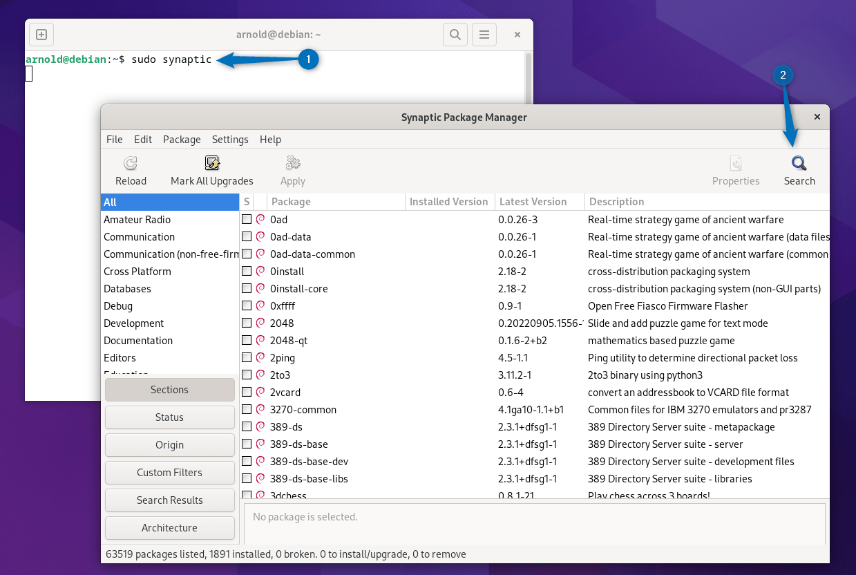 launching Synaptic Package manager on Debian 12