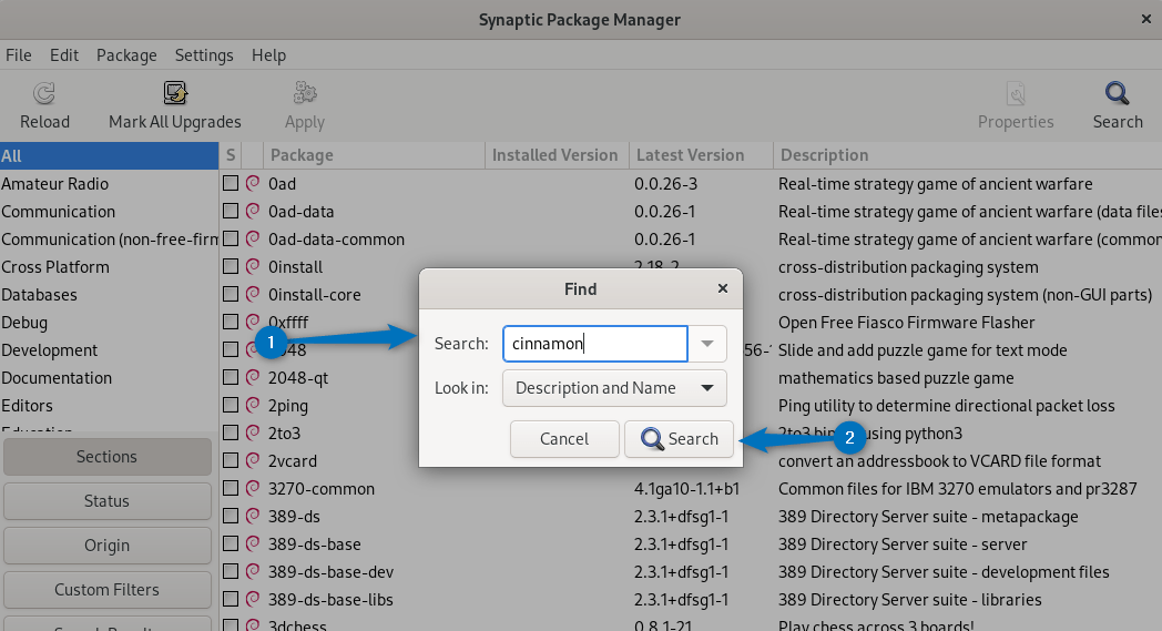 Searching Cinnamon on synaptic package manager for Debian 12