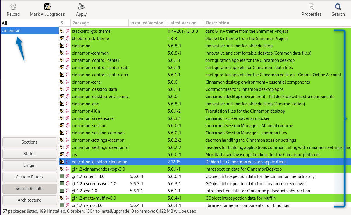 Selecting packages for Cinnamon on synaptic package manager for Debian 12