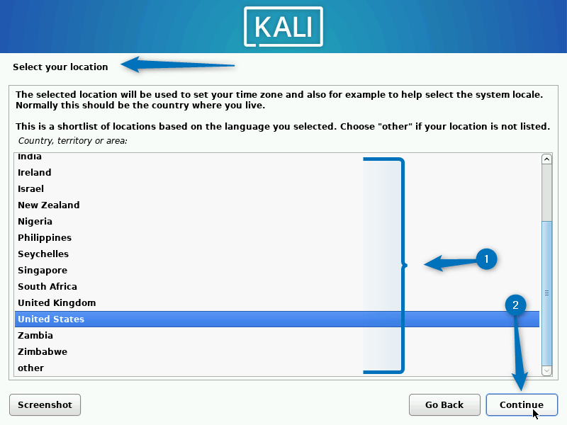 Selecting the location of Kali Linux system