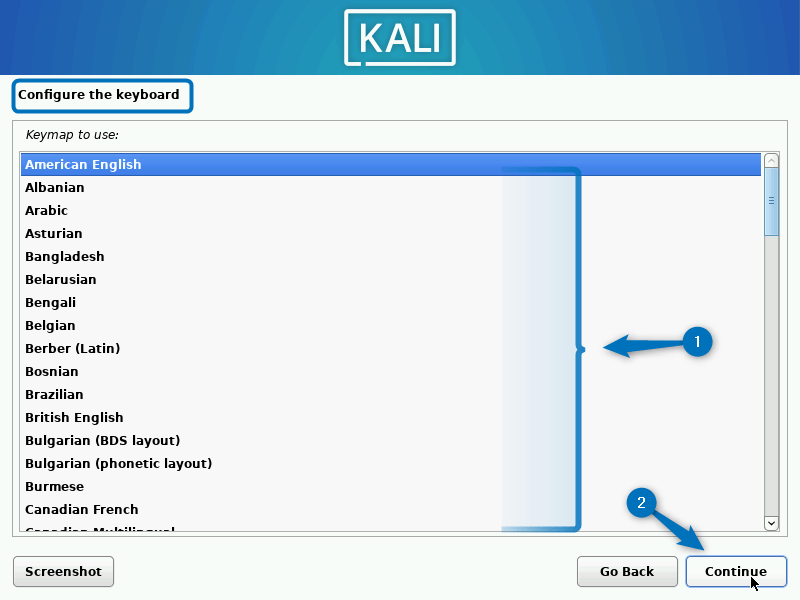 Selecting the keyboard layout for Kali Linux