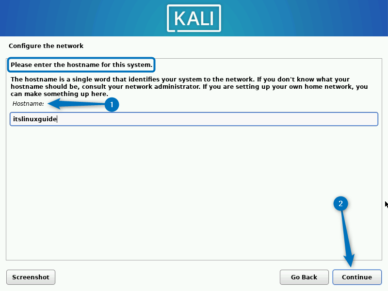 Entering the hostname for Kali Linux system on VirtualBox