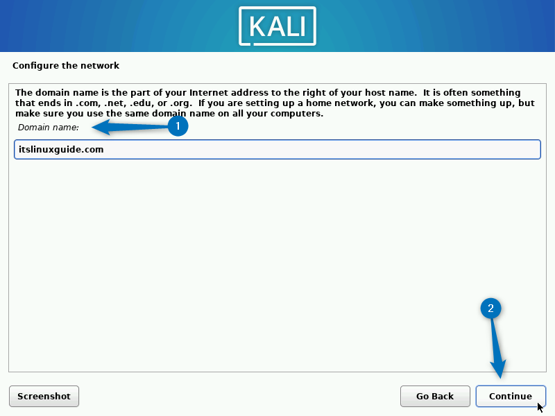 Entering a domain name for Kali Linux (optional)