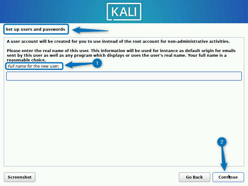 Entering the full name of the user for Kali Linux