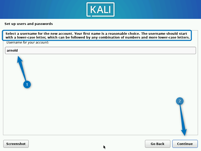Setting the username of the Kali Linux account virtual machine