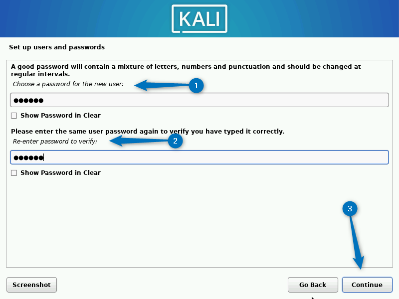 setting up password for the Kali Linux user account
