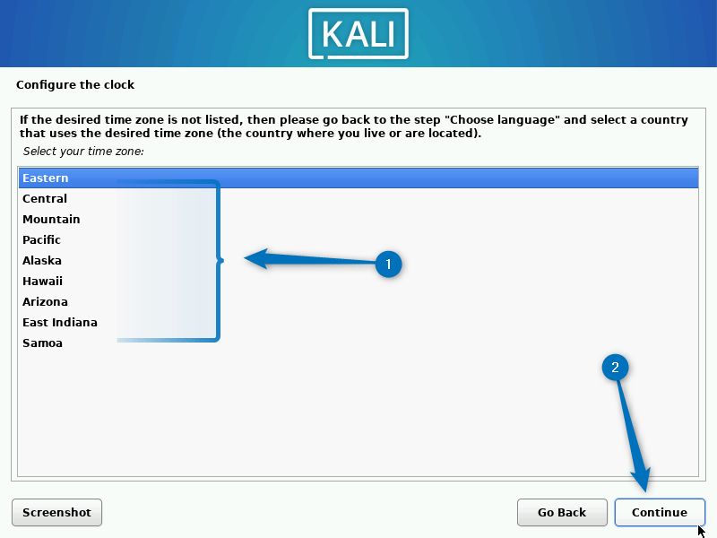 Selecting the time zone for Kali Linux clock