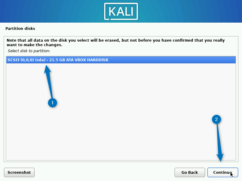 Selecting storage disk for Kali Linux