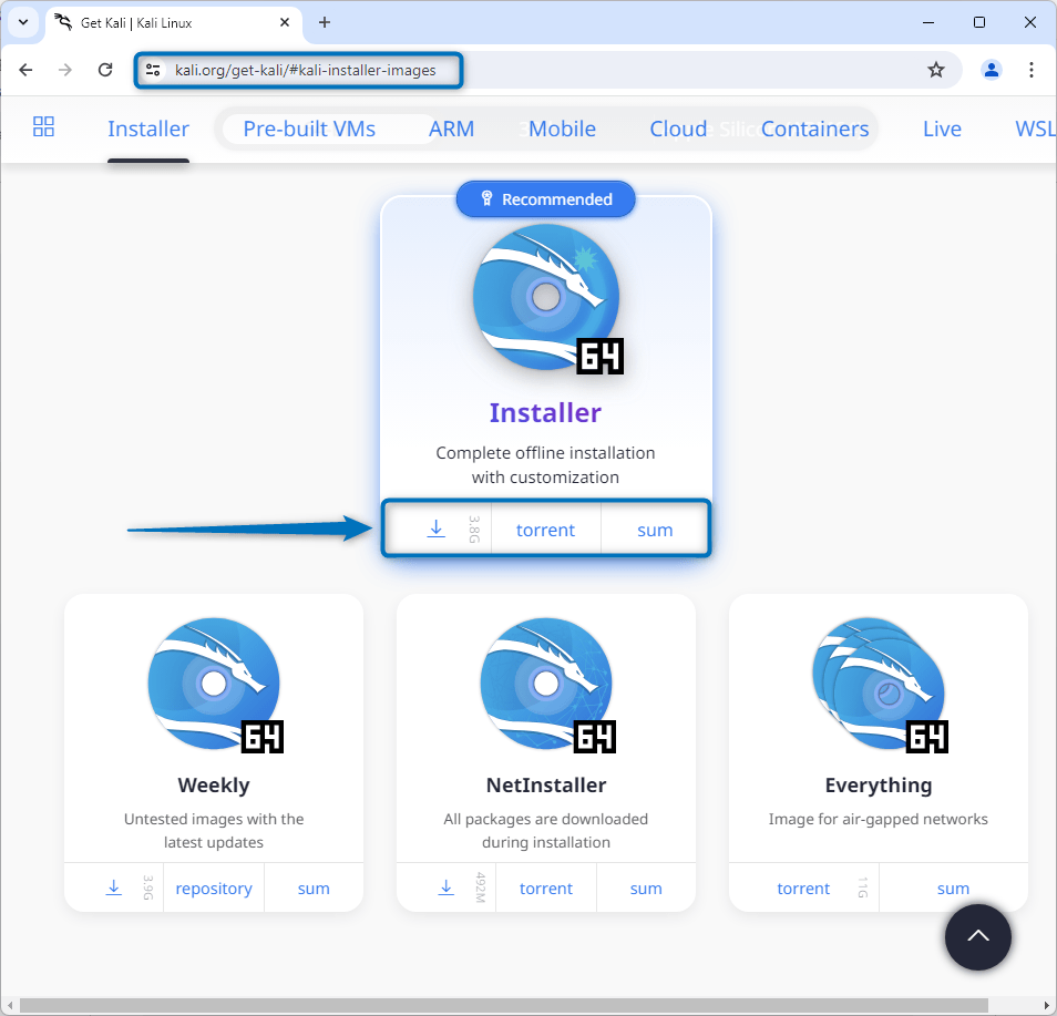 Downloading Kali Linux ISO file for VirtualBox