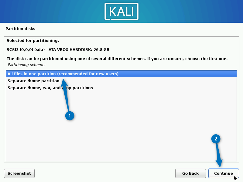 selecting disk partition for files and directories of Kali Linux