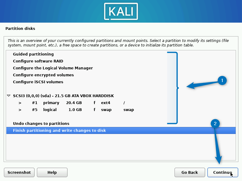 Reviewing disk partition settings and writing the changes to disk for Kali Linux