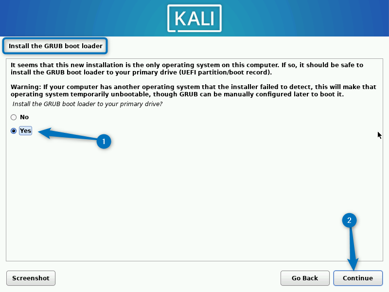 Installing GRUB boot loader for Kali Linux