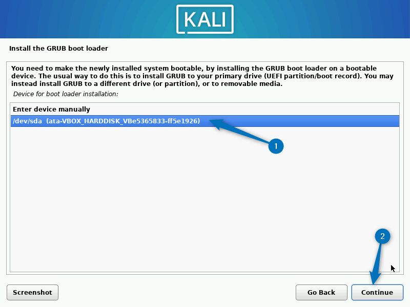 Selecting the disk for installing GRUB boot loader on Kali Linux