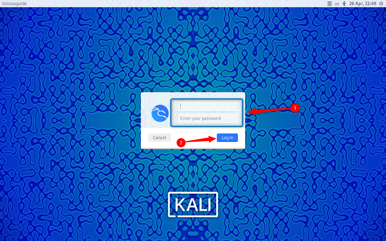 Kali Linux login page