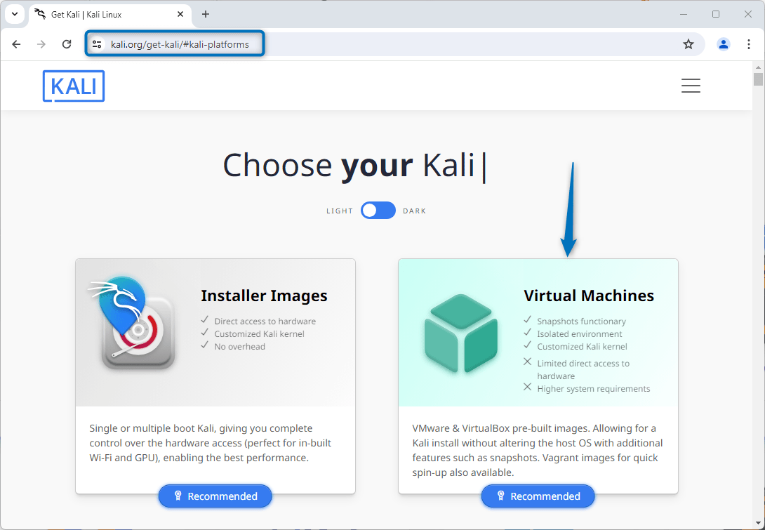 Selecting pre-built Kali Linux version for Virtual Box