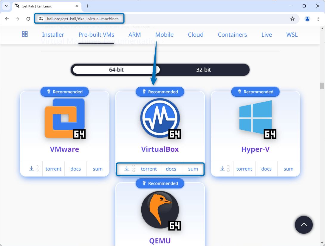 Downloading Kali Linux pre-built image for VirtualBox