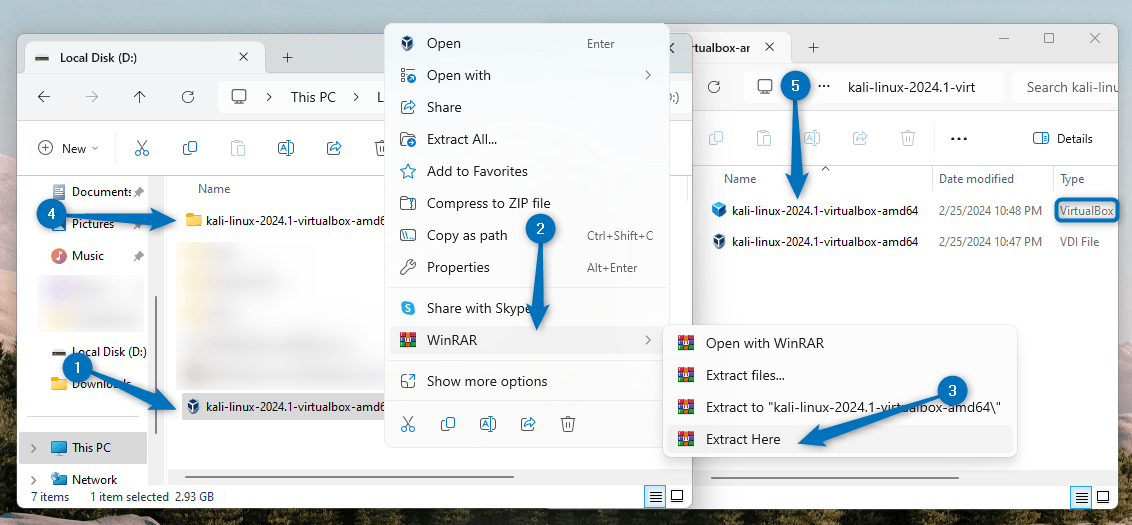 Extracting the downloaded Kali Linux pre-built machine file using WinRAR