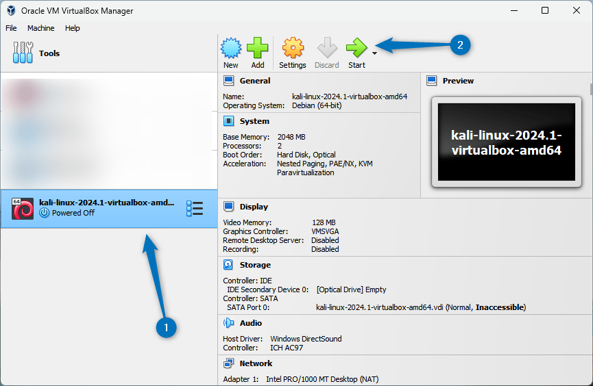 Launching the per-built Kali Linux version on Virtual Box