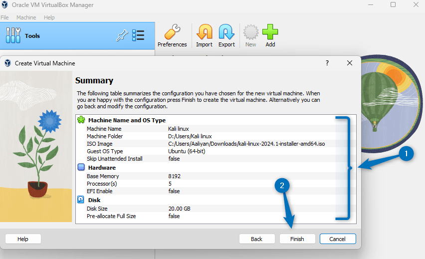Summary of Virtual machine specifications for Kali Linux