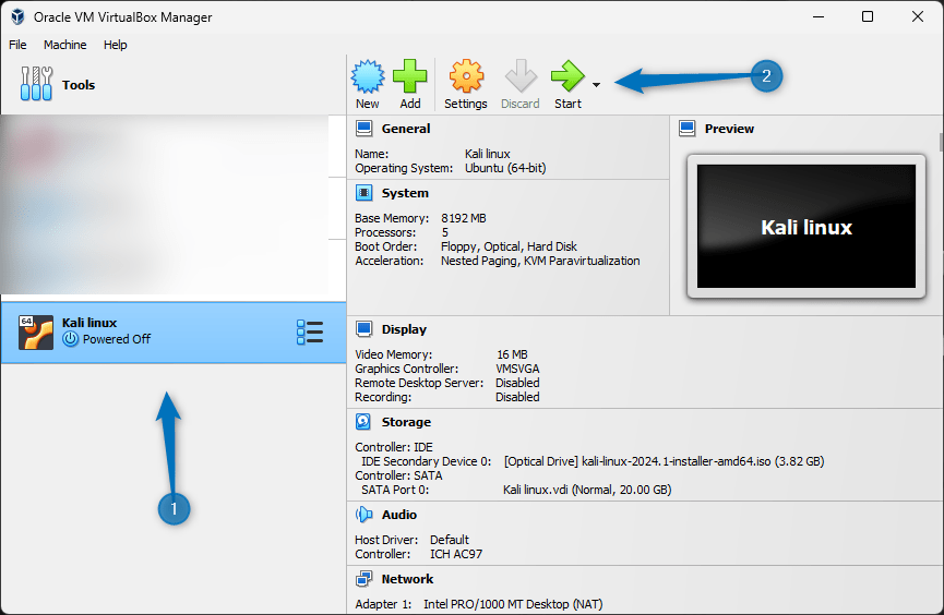 Launching Kali Linux virtual machine on VirtualBox