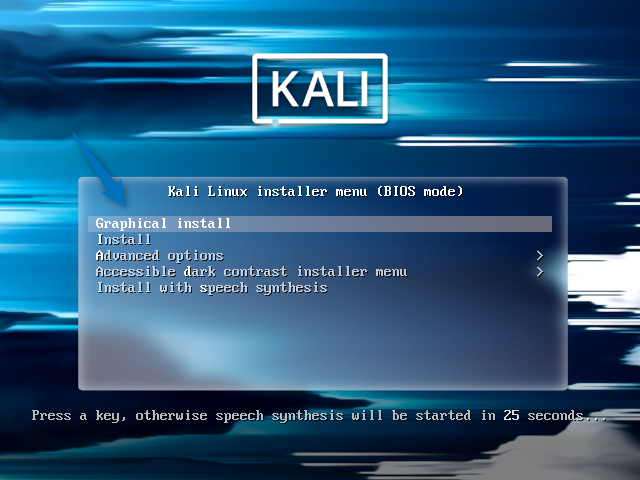 Kali Linux installer menu (BIOS mode)