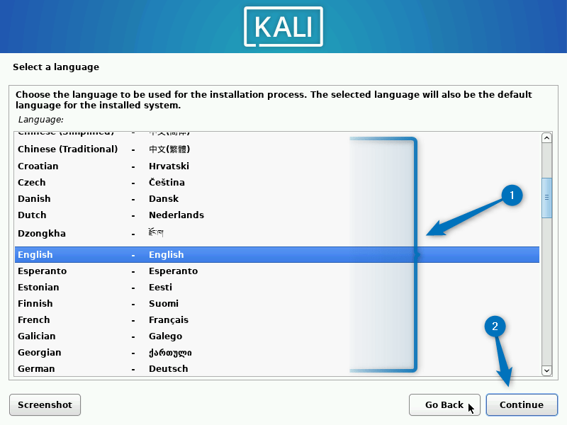 Selecting the language for Kali Linux on VirtualBox