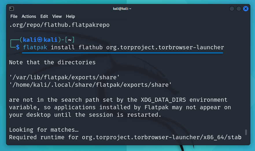 Installing Tor browser on Kali Linux through Flatpak