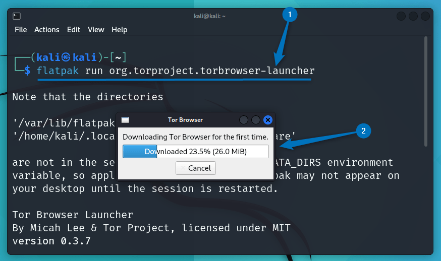 launching Tor browser launcher through Flatpak on Kali Linux