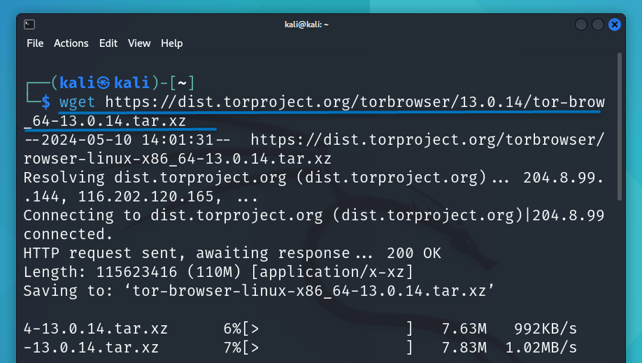 Downloading Tor Tar file on Kali Linux Using terminal