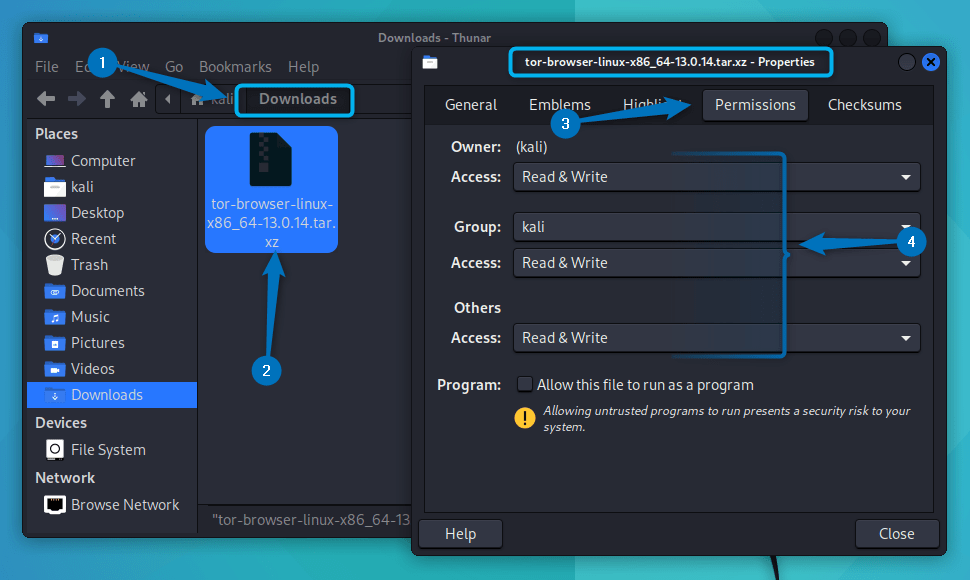 Setting permissions for Tor browser Tar file on kali Linux