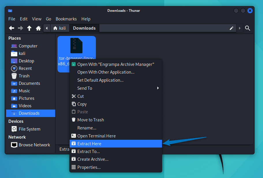 Extracting Tor browser Tar file on Kali Linux through its GUI