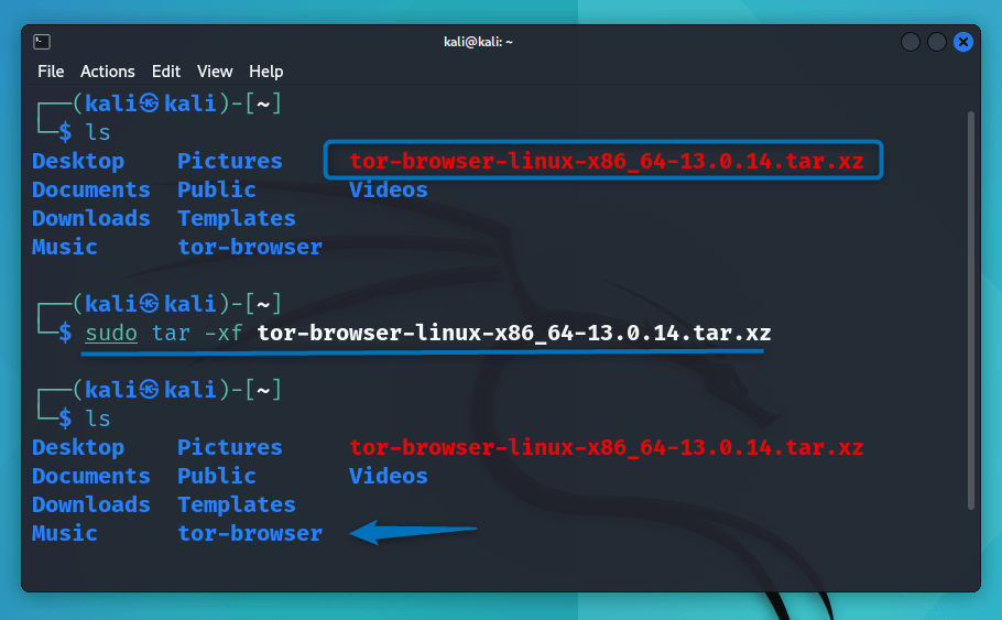 Extracting Tor borwser tar file on kali Linux using terminal