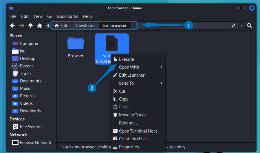 Running Tor browser on Kali Linux through tar file