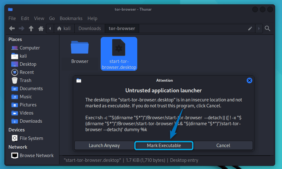 Allowing the execution of Tor browser file using Kali Linux GUI
