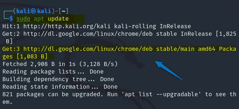 Updating packages list of Kali Linux