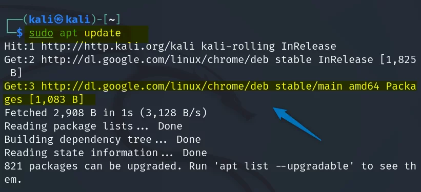 Updating packages list of Kali Linux