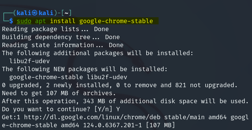 Installing Google Chrome browser in Kali Linux using apt package manager