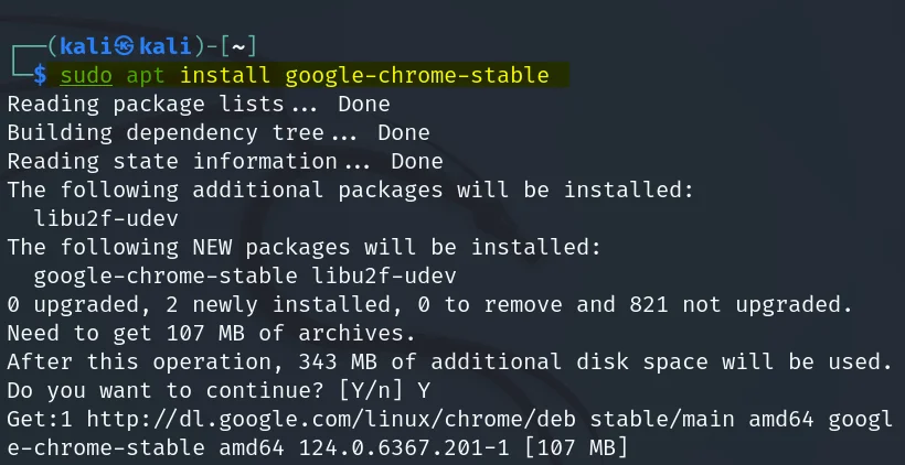 Installing Google Chrome browser in Kali Linux using apt package manager 