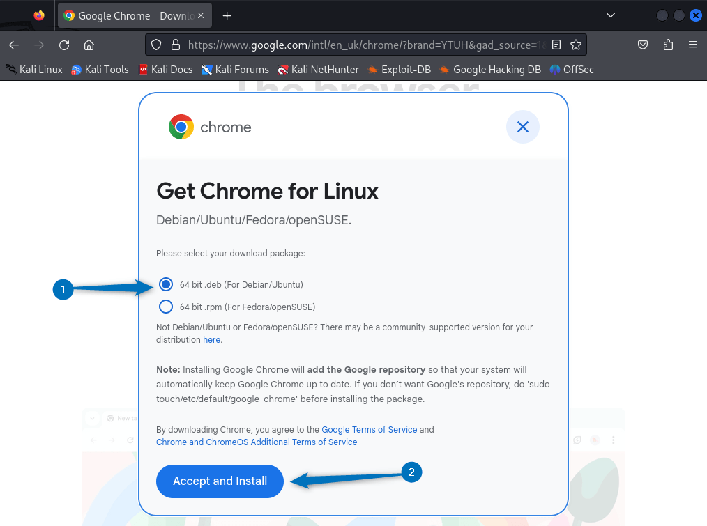 Downloading Google Chrome Deb file in kali Linux