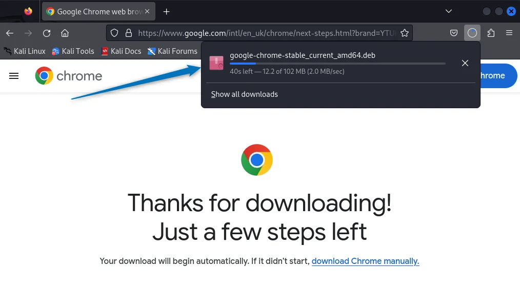 Downloading Google Chrome Deb file in Kali Linux 