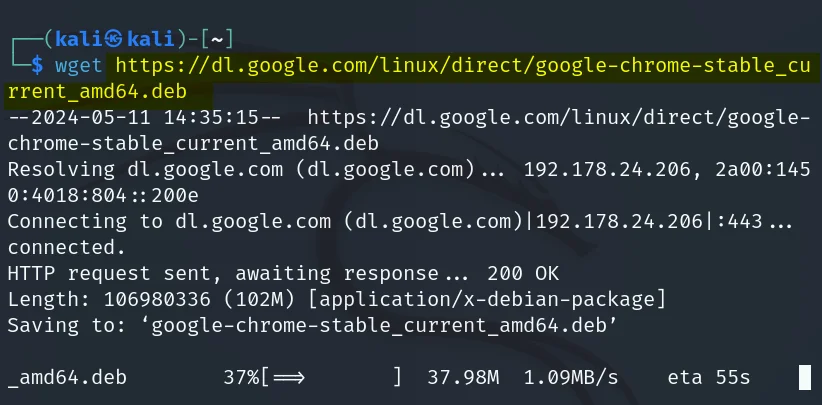 Downloading Google Chrome Deb file in kali Linux through terminal via download link and wget utility 