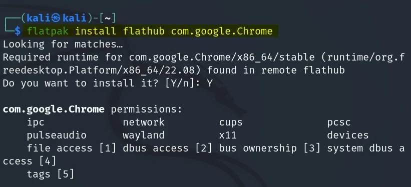 Installing Google Chrome on Kali Linux using Flatpak package manager 