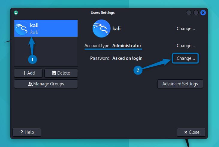 Changing Admin user Password on Kali Linux using GUI