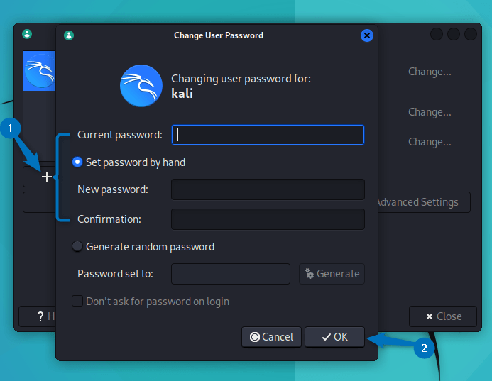 Changing Admin user Password on Kali Linux using GUI