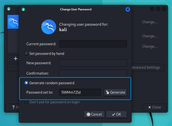 Generating password for Admin user on Kali Linux using GUI