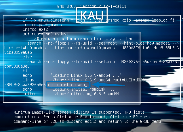 Kali Linux GRUB menu