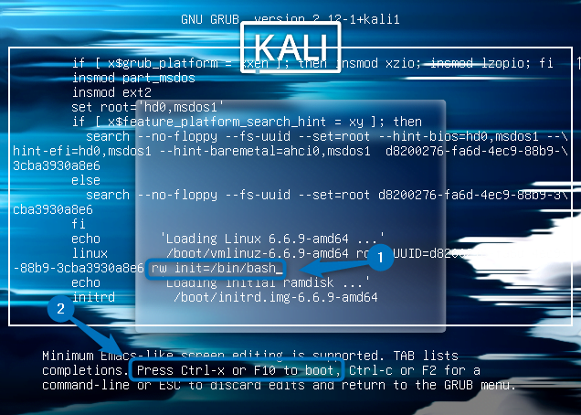 setting the system to boot with the root filesystem mounted as read-write (rw) and initialize the system with the Bash shell (/bin/bash) instead of the usual init process on Kali Linux