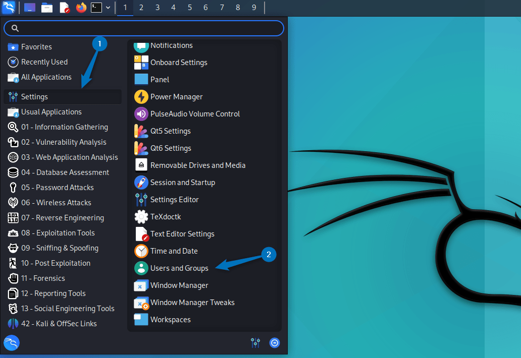 Navigating to User and Groups Settings on Kali Linux