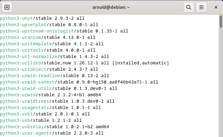 Listing installed packages on Debian 12 using apt list command